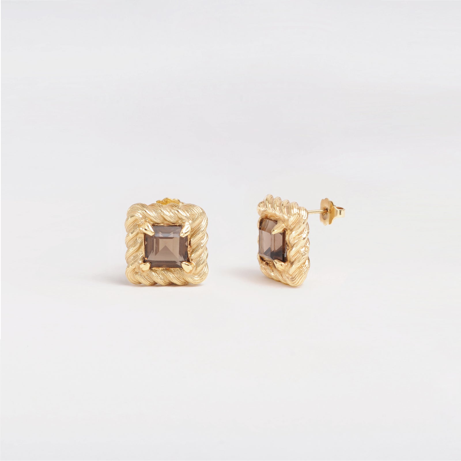Boucles D'oreilles Minimalistes En Quartz Fumé Et Citrine - Plaqué Or Jaune - Dormeuses - Neuf Avec étiquettes